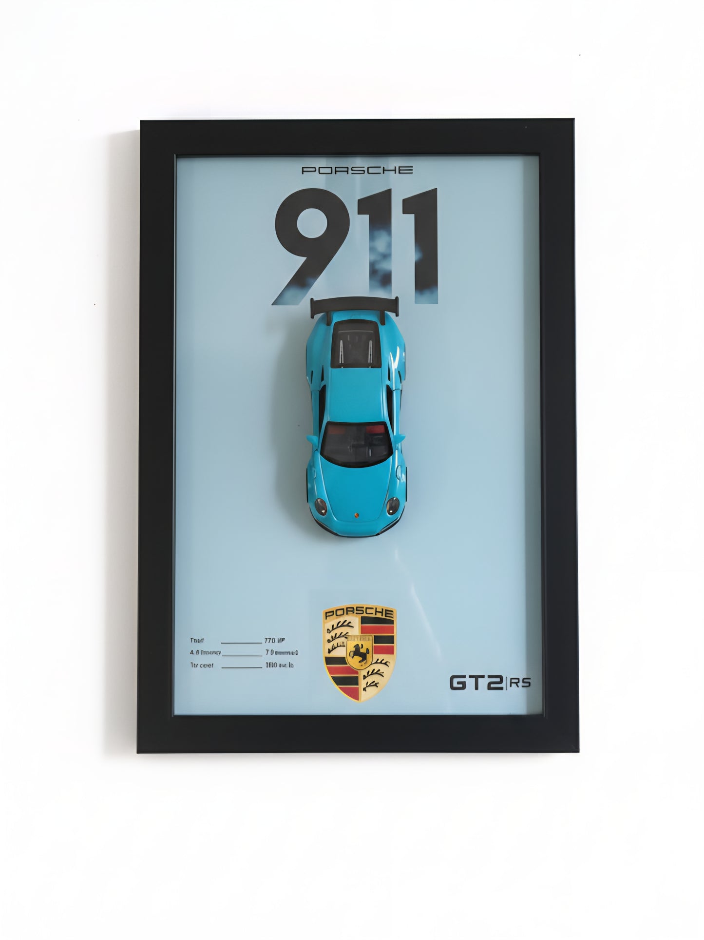 Framed Porsche 911 GT2 RS Display: Turquoise Diecast Model & Wall Art Plaque