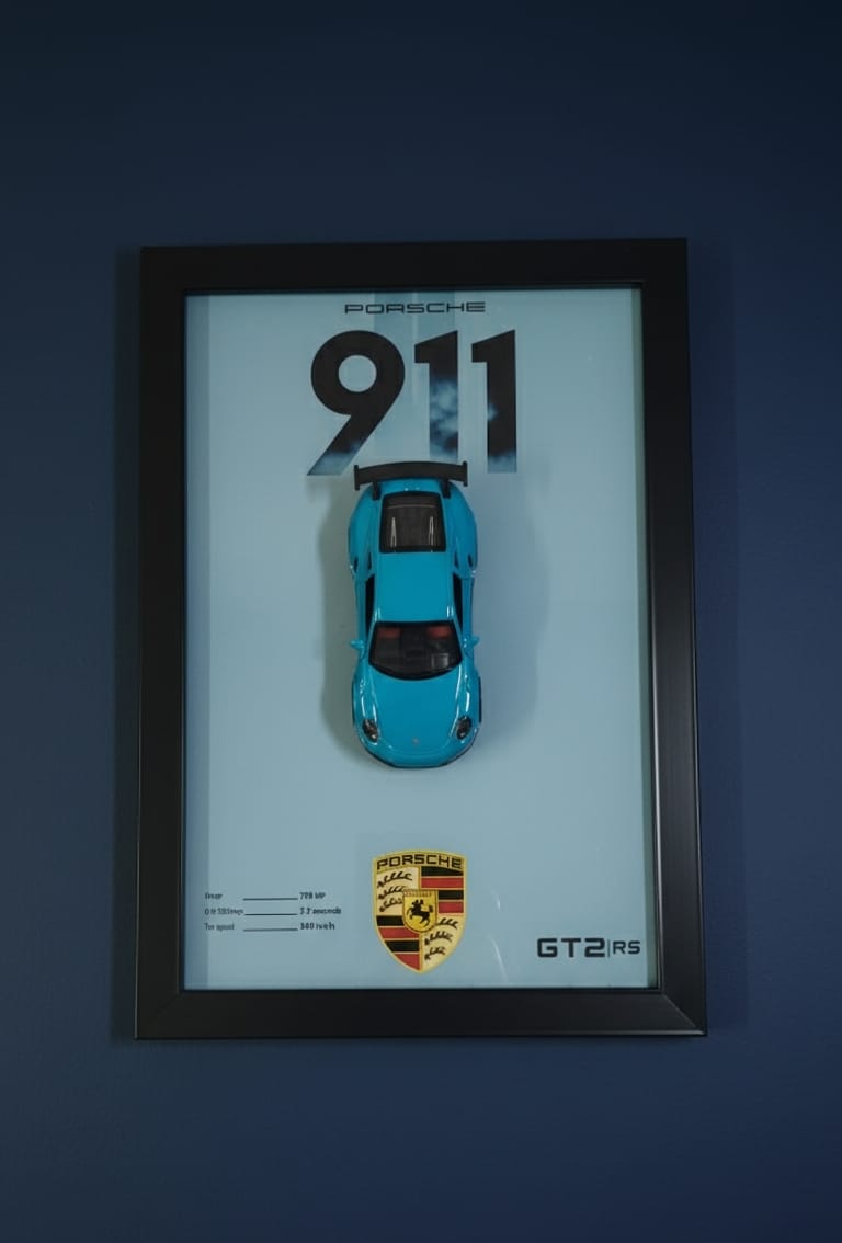 Framed Porsche 911 GT2 RS Display: Turquoise Diecast Model & Wall Art Plaque