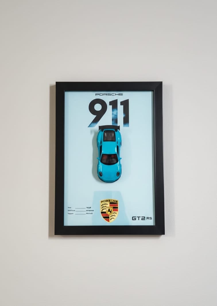 Framed Porsche 911 GT2 RS Display: Turquoise Diecast Model & Wall Art Plaque