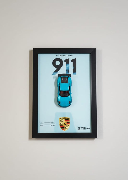 Framed Porsche 911 GT2 RS Display: Turquoise Diecast Model & Wall Art Plaque