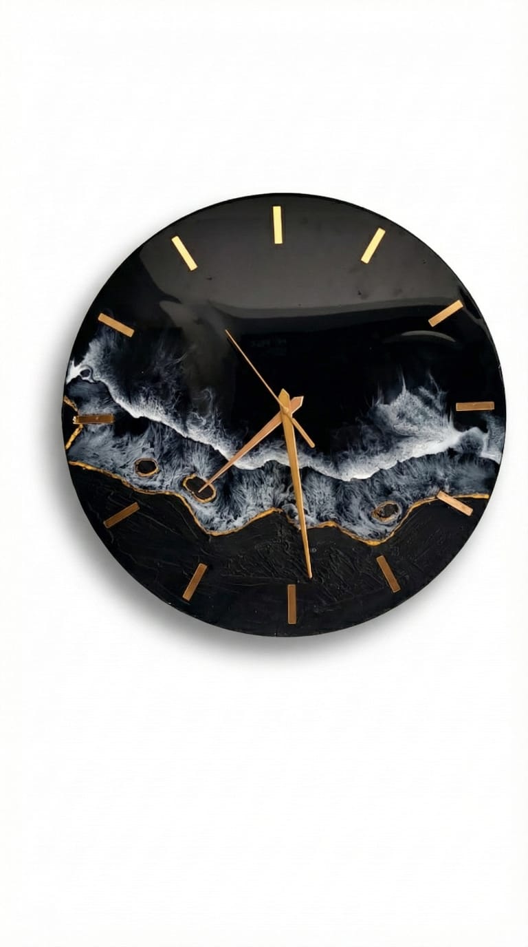 Black & Gold Ocean Resin Wall Clock – Handcrafted Epoxy Wave Art for Modern Interiors