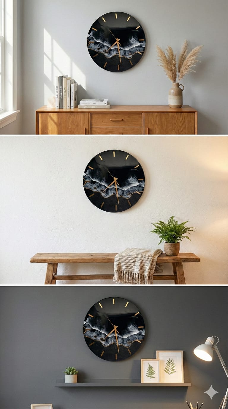 Black & Gold Ocean Resin Wall Clock – Handcrafted Epoxy Wave Art for Modern Interiors