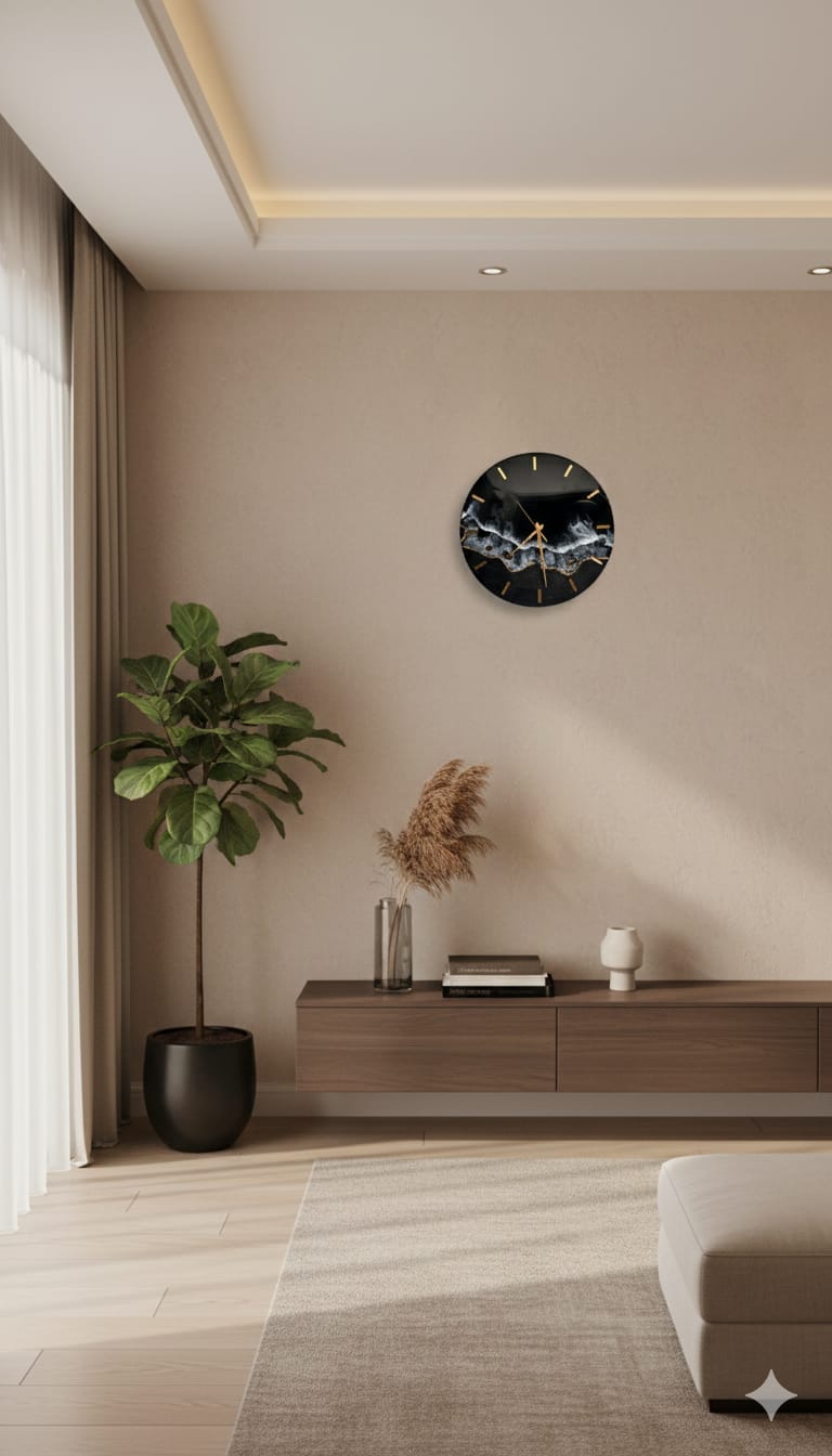 Black & Gold Ocean Resin Wall Clock – Handcrafted Epoxy Wave Art for Modern Interiors